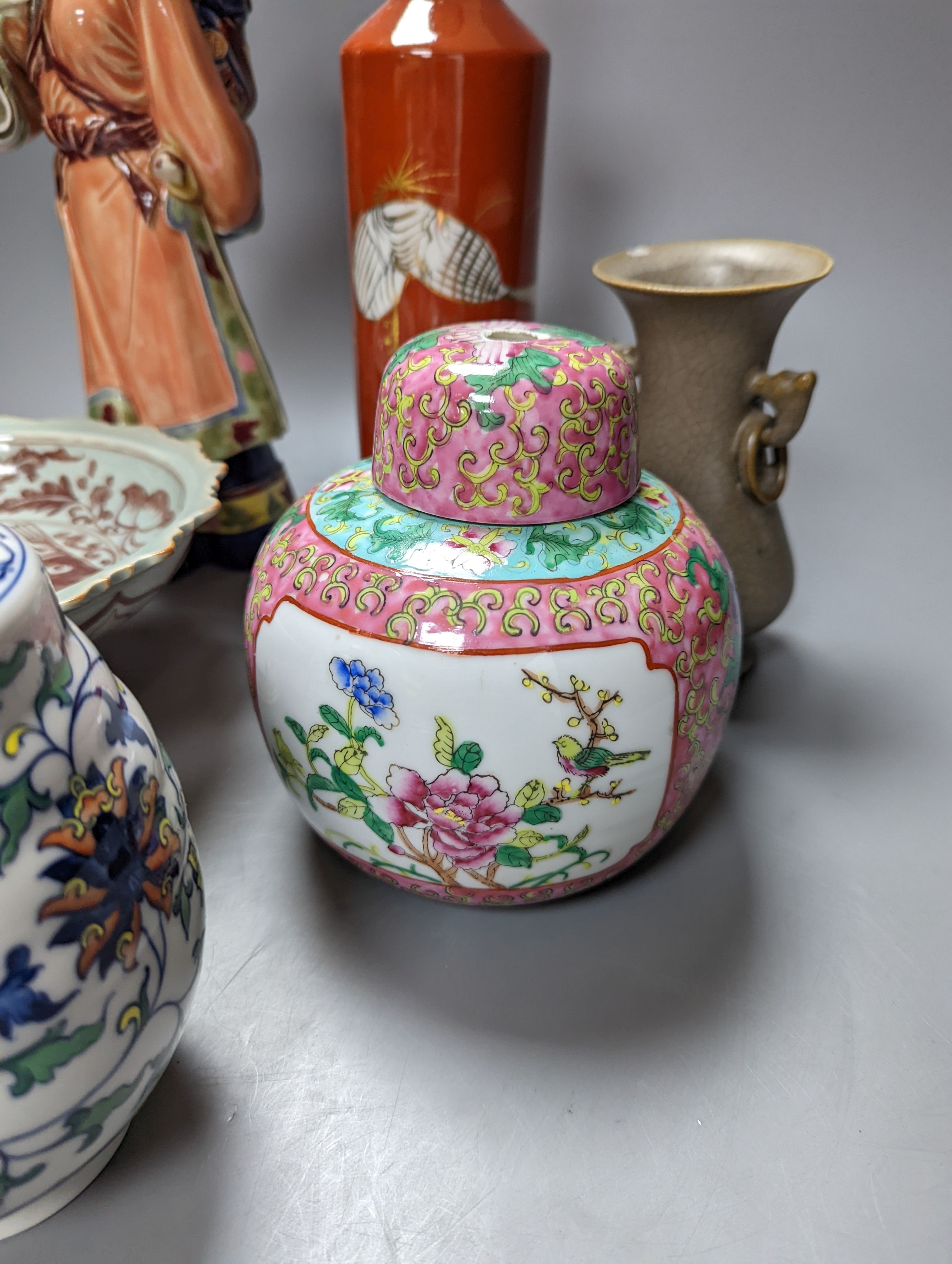 A Chinese porcelain figure group, four vases and a stem dish. Tallest 33cm